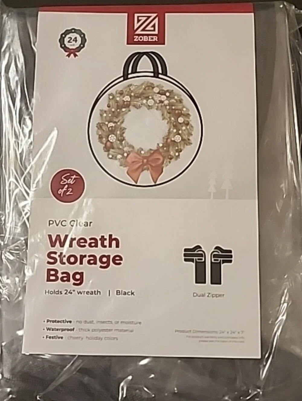 Zober PVC Clear Wreath Storage Bag Set of 2 Black 24